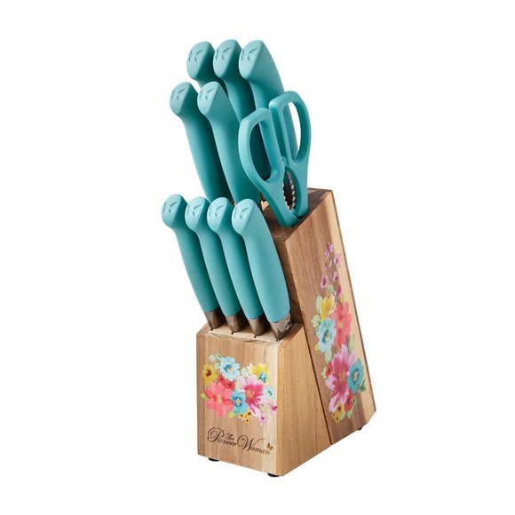 NWT The Pioneer Woman Sweet Rose 11-Pc Stainless Steel Knife Block Set in Teal - Picture 2 of 5